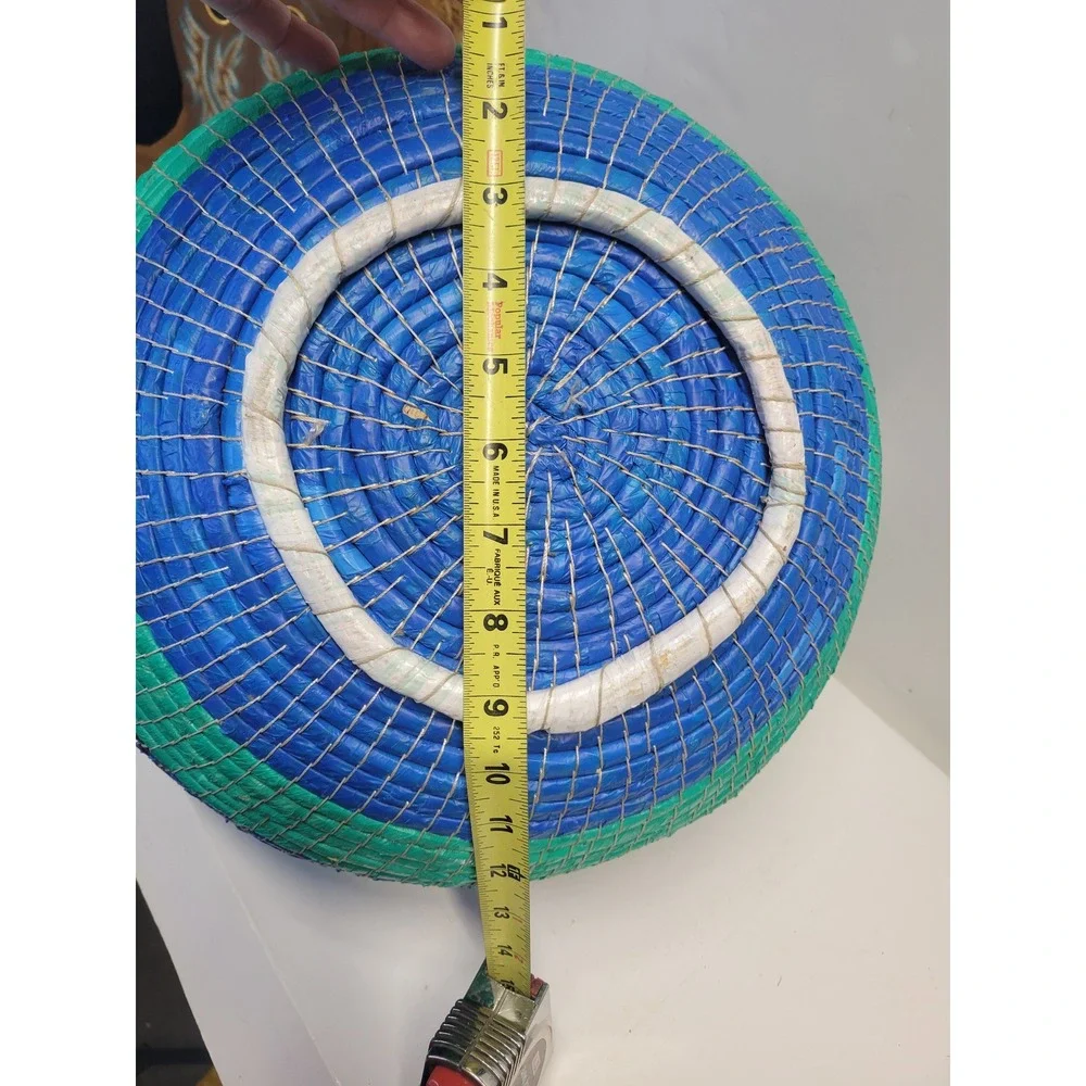Hand Woven Round Basket with Lid and Handle Blue Green Decorative Storage Accent